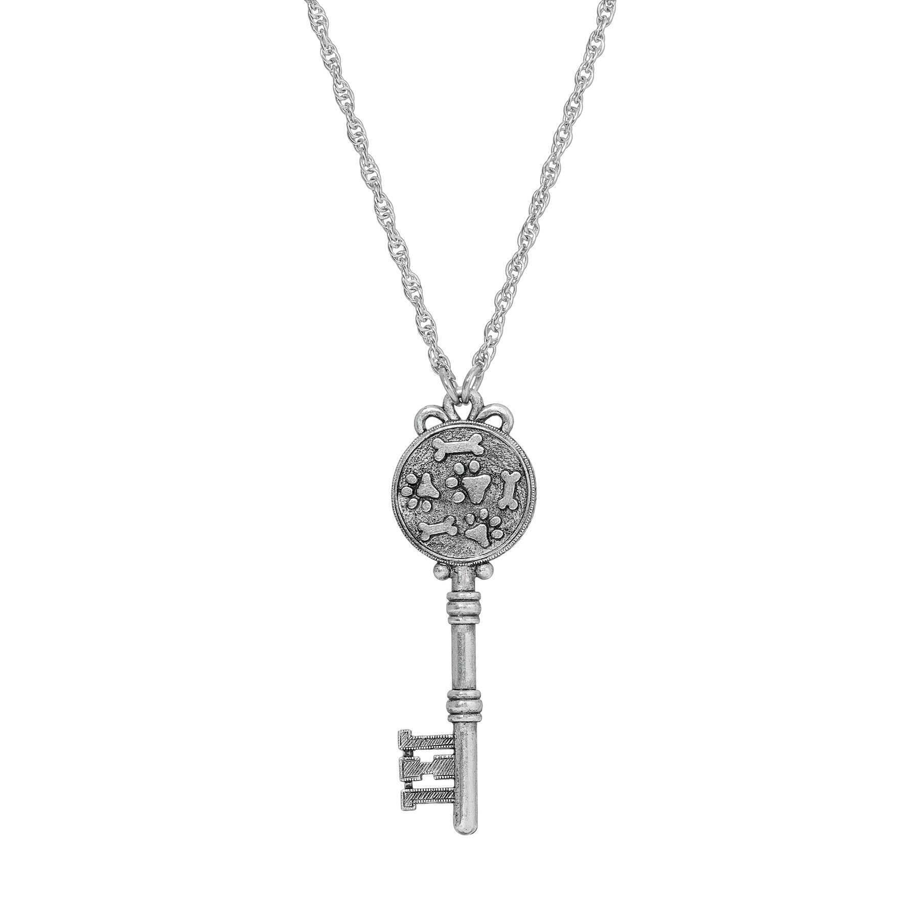 Paws And Bones Skeleton Key Pendant Necklace 28"