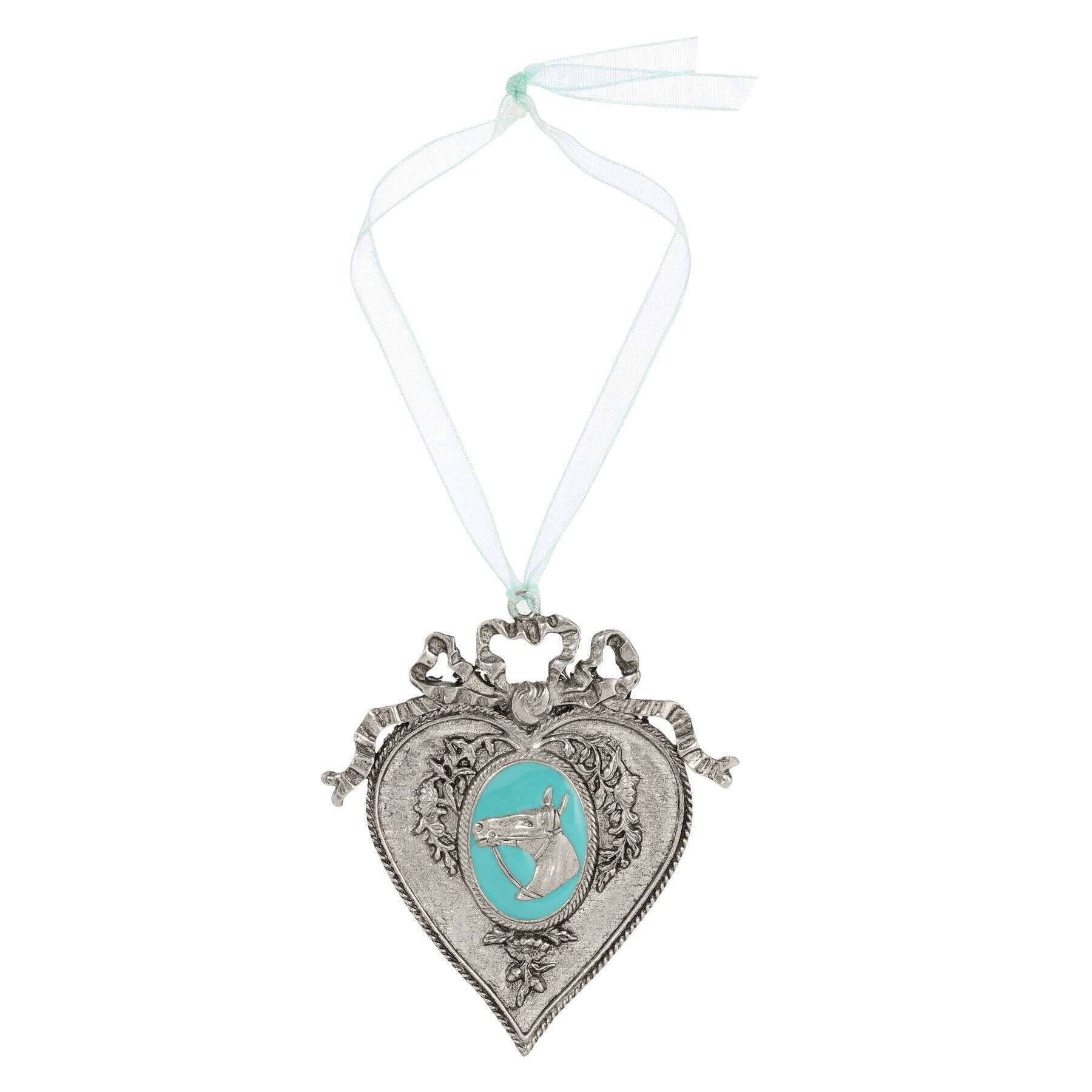 Turquoise Enamel Horsehead Oak Flower & Vine Aqua Blue Ribbon Heart Christmas Tree Ornament