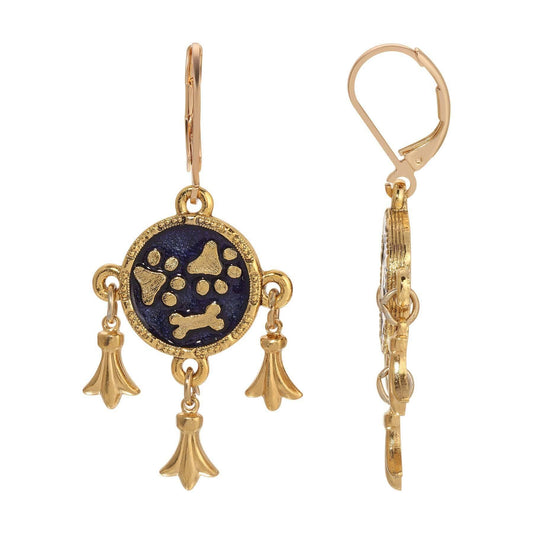 Sapphire Blue Enamel Paws And Bone Dangling Charms Earrings