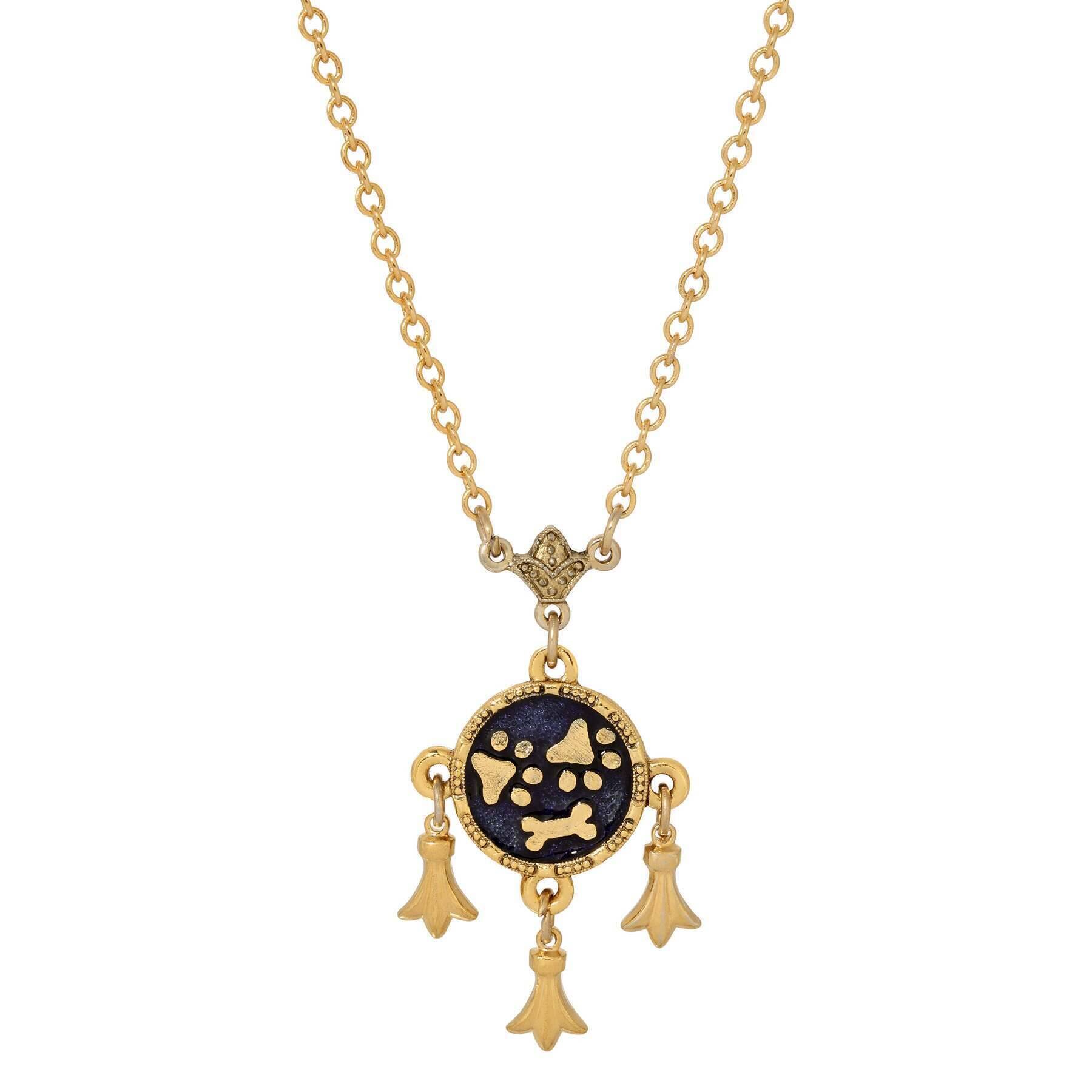Sapphire Blue Enamel Paws And Bone Dangling Charms Pendant Necklace 16" + 3" Extension