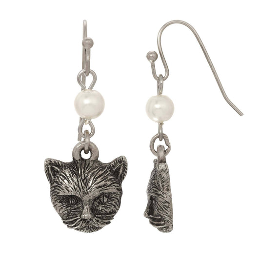 Faux Pearl Cat Dangling Earrings
