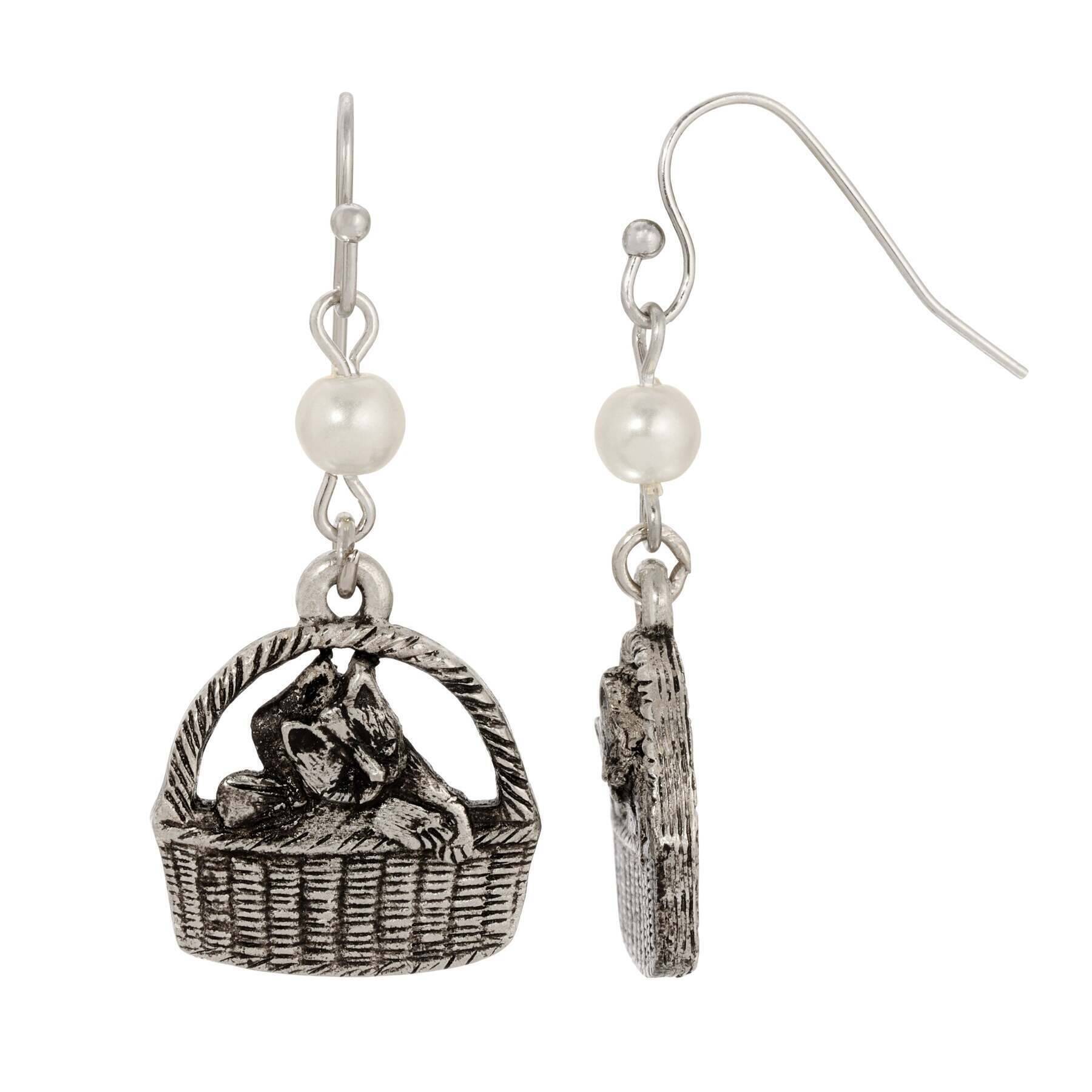 Faux Pearl Cat In Handbasket Dangling Earrings
