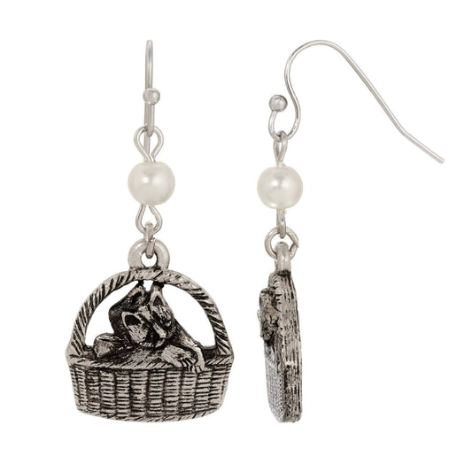 Faux Pearl Cat In Handbasket Dangling Earrings