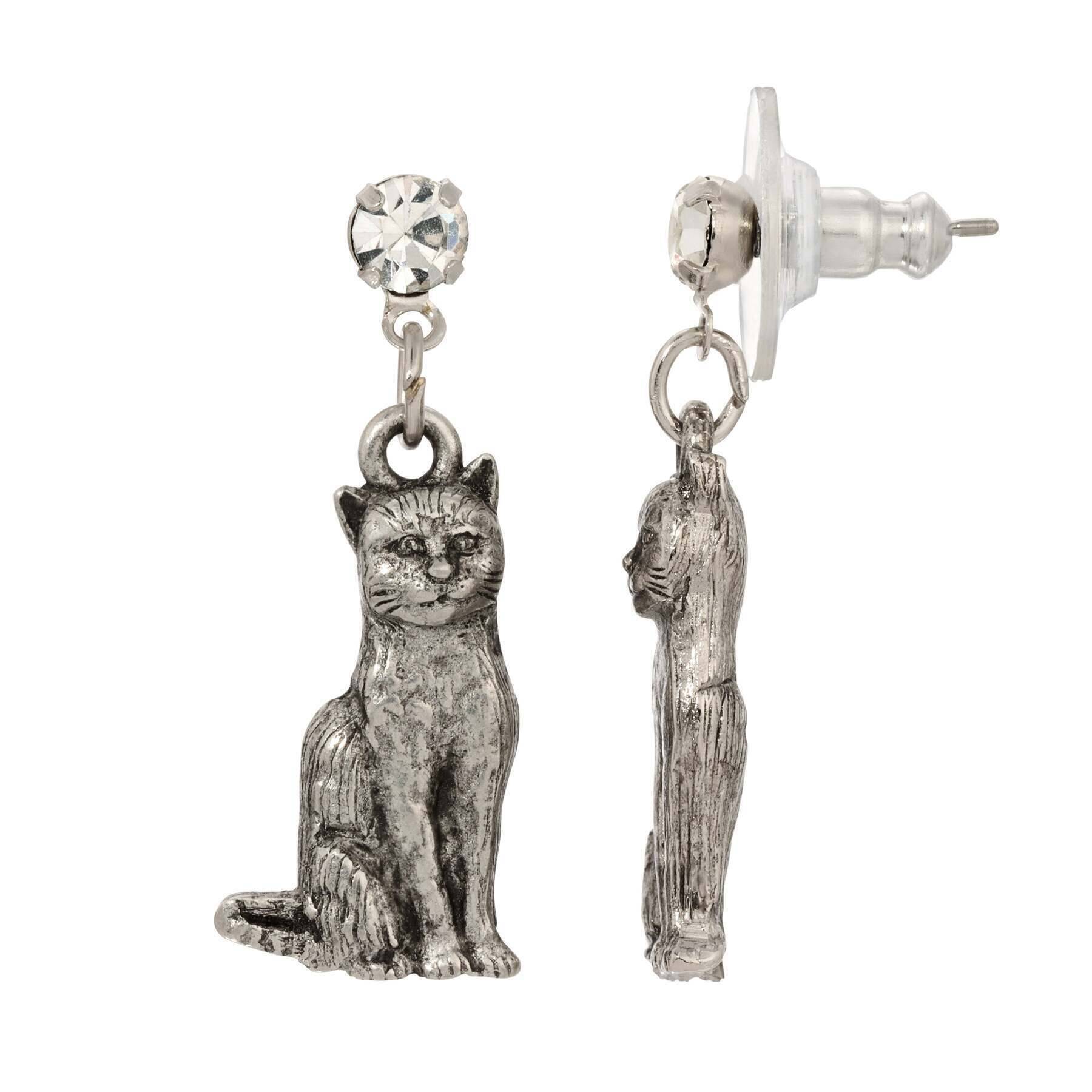 Sitting Cat Clear Crystal Post Drop Earrings