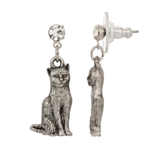 Sitting Cat Clear Crystal Post Drop Earrings