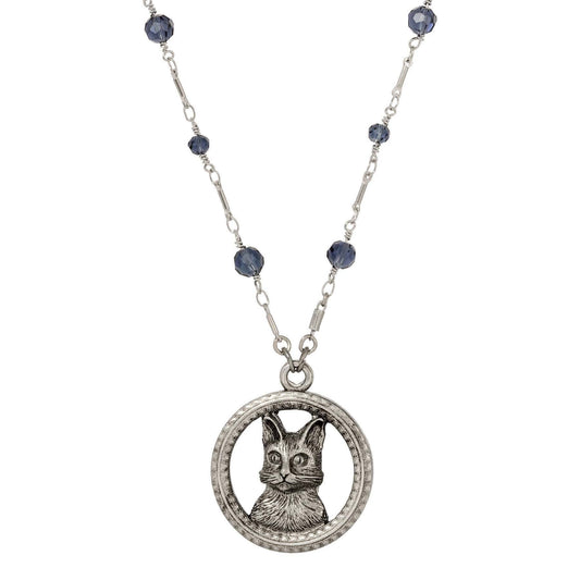 Montana Blue Crystal Floral Adorned Cat Pendant Necklace 28"