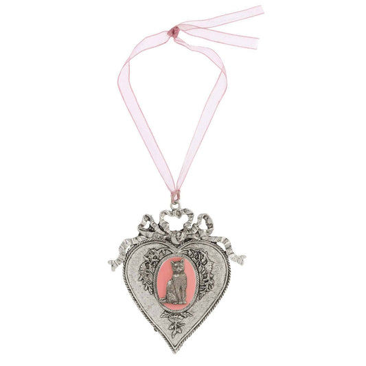 Pink Enamel Cat Oak Flower & Vine Pink Ribbon Heart Christmas Tree Ornament