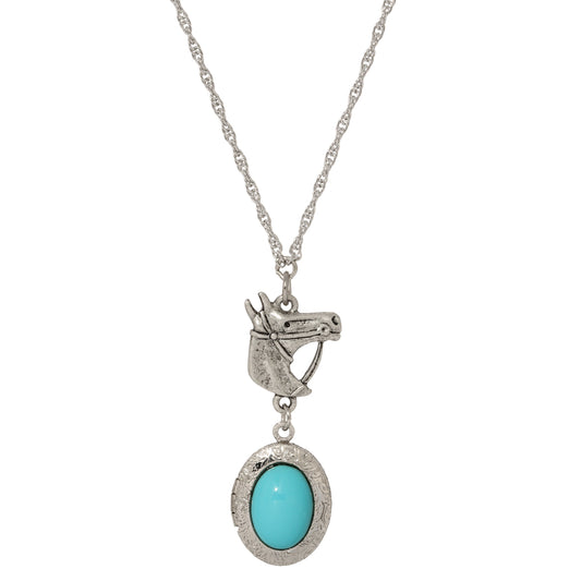 Equestrian Charm Horsehead Pendant & Turquoise Stone Locket Necklace 24"