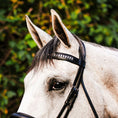 Load image into Gallery viewer, Black and white browband for horses, featuring decorative detailing, shown on a gray horse against a green background.
