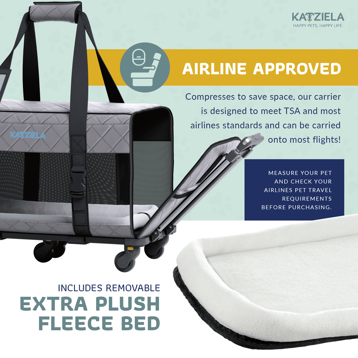 Quilted Chariot Pet Carrier With Removable Wheels and Telescopic Handle