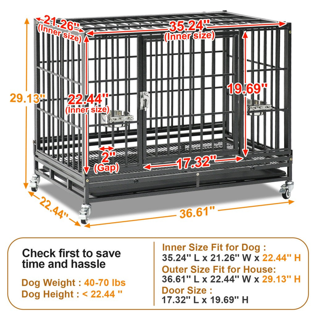 Heavy-duty 37" stackable dog crate with double doors, metal construction, and rolling wheels for easy mobility.