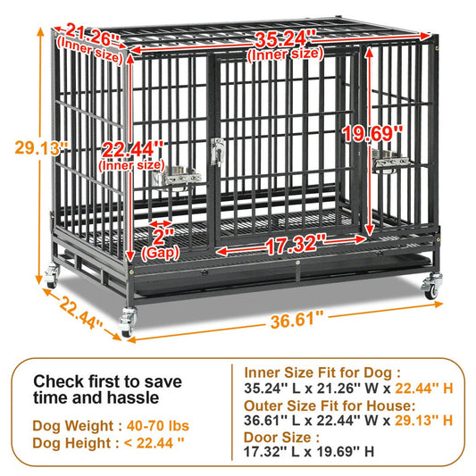 Heavy-duty 37" stackable dog crate with double doors, metal construction, and rolling wheels for easy mobility.