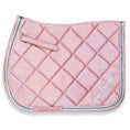Load image into Gallery viewer, Powder Pink Suede Saddle Pad by Southlake Paws, featuring a quilted design and decorative trim. Ideal for equestrian use.
