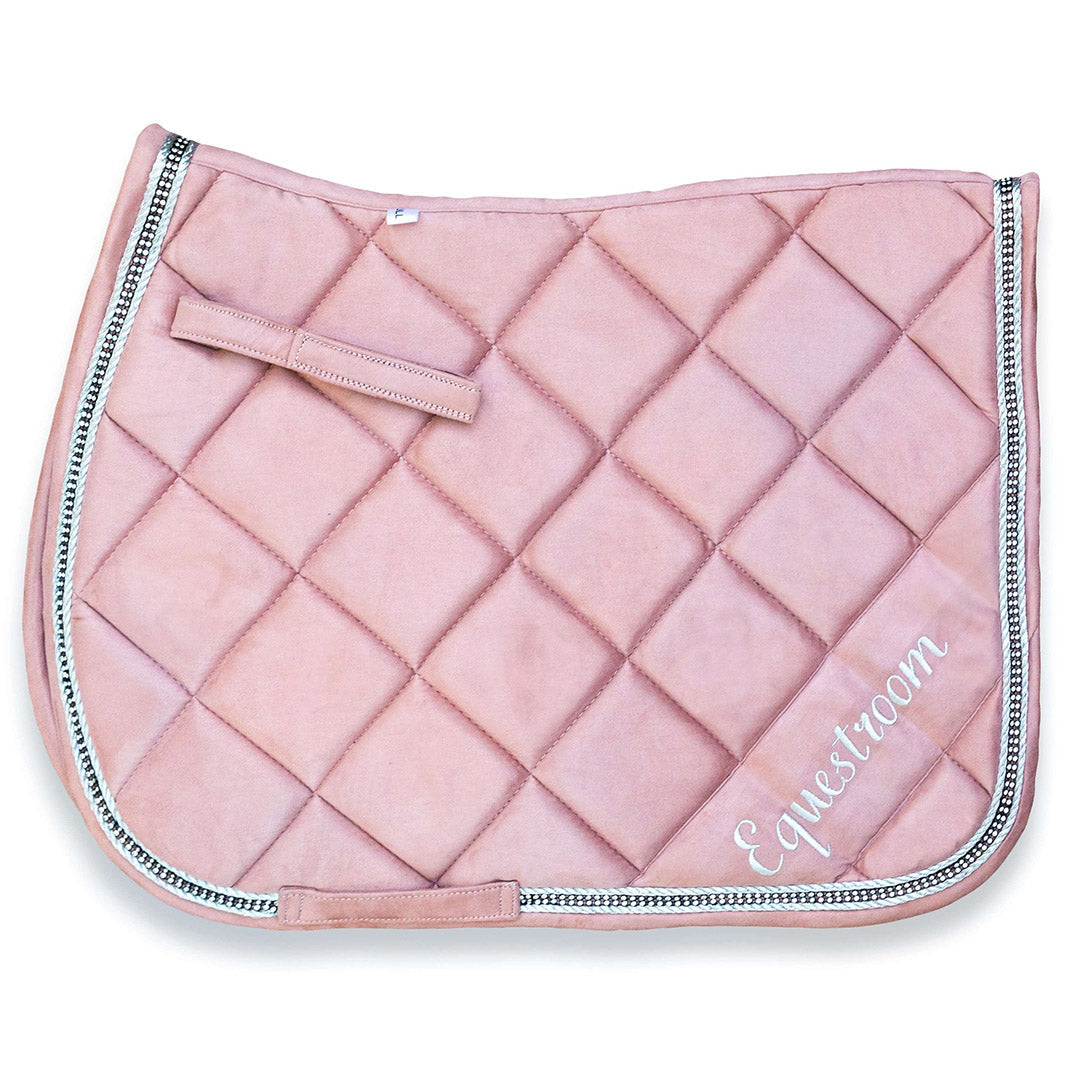 Powder Pink Suede Saddle Pad by Southlake Paws, featuring a quilted design and decorative trim. Ideal for equestrian use.