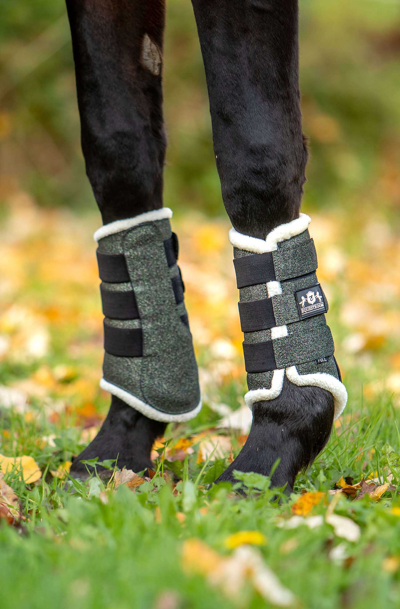 Jade Green Boots by Southlake Paws, featuring a padded design with adjustable straps for horse leg protection.
