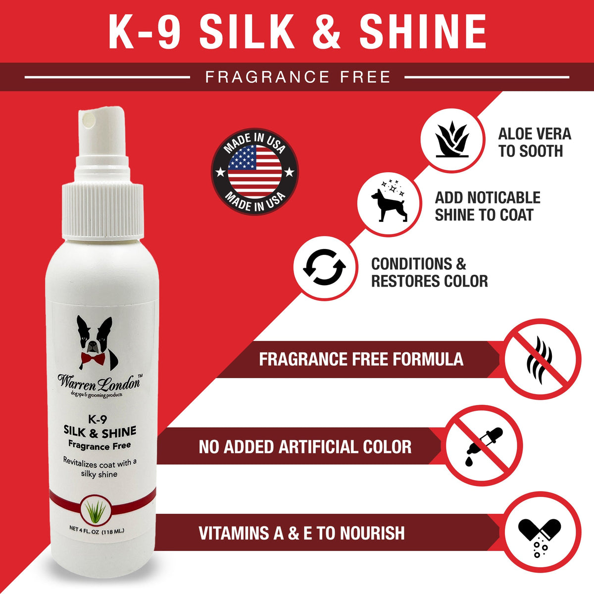 K9 Silk & Shine spray by Southlake Paws, featuring a white bottle with a spray nozzle, promoting coat revitalization and shin