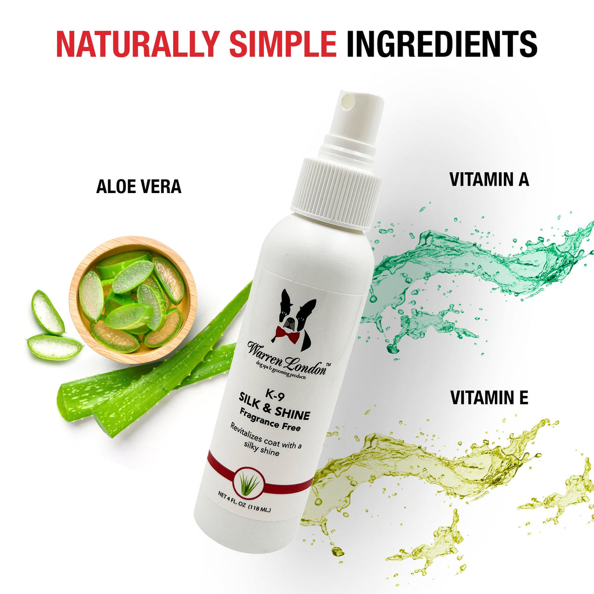 K9 Silk & Shine spray by Southlake Paws, featuring aloe vera, vitamin E, and vitamin A for a revitalized coat.