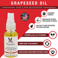 Load image into Gallery viewer, Southlake Paws Grapeseed Oil Paw and Nose Revitalizer in a 1 oz bottle, highlighting benefits and usage instructions.
