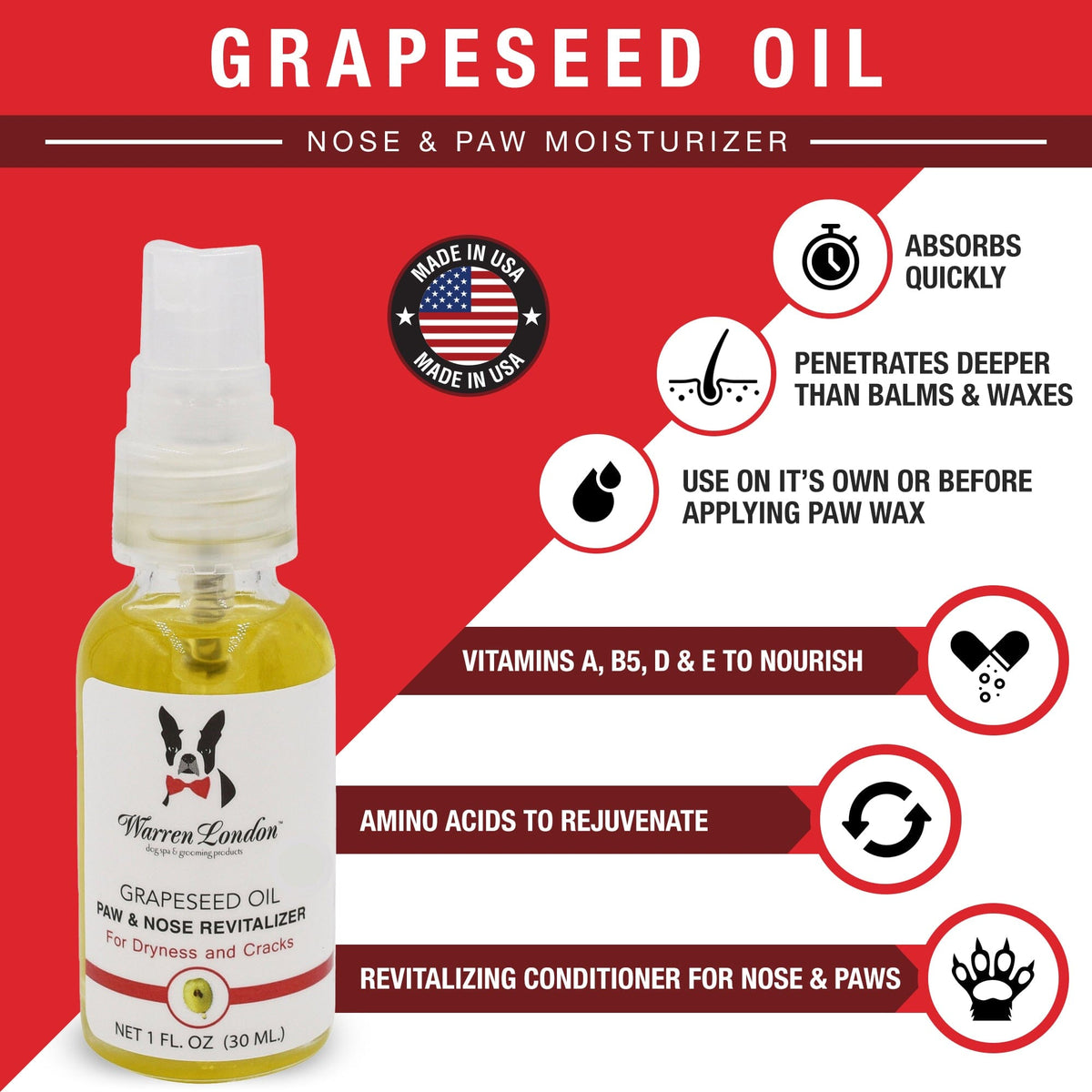 Southlake Paws Grapeseed Oil Paw and Nose Revitalizer in a 1 oz bottle, highlighting benefits and usage instructions.