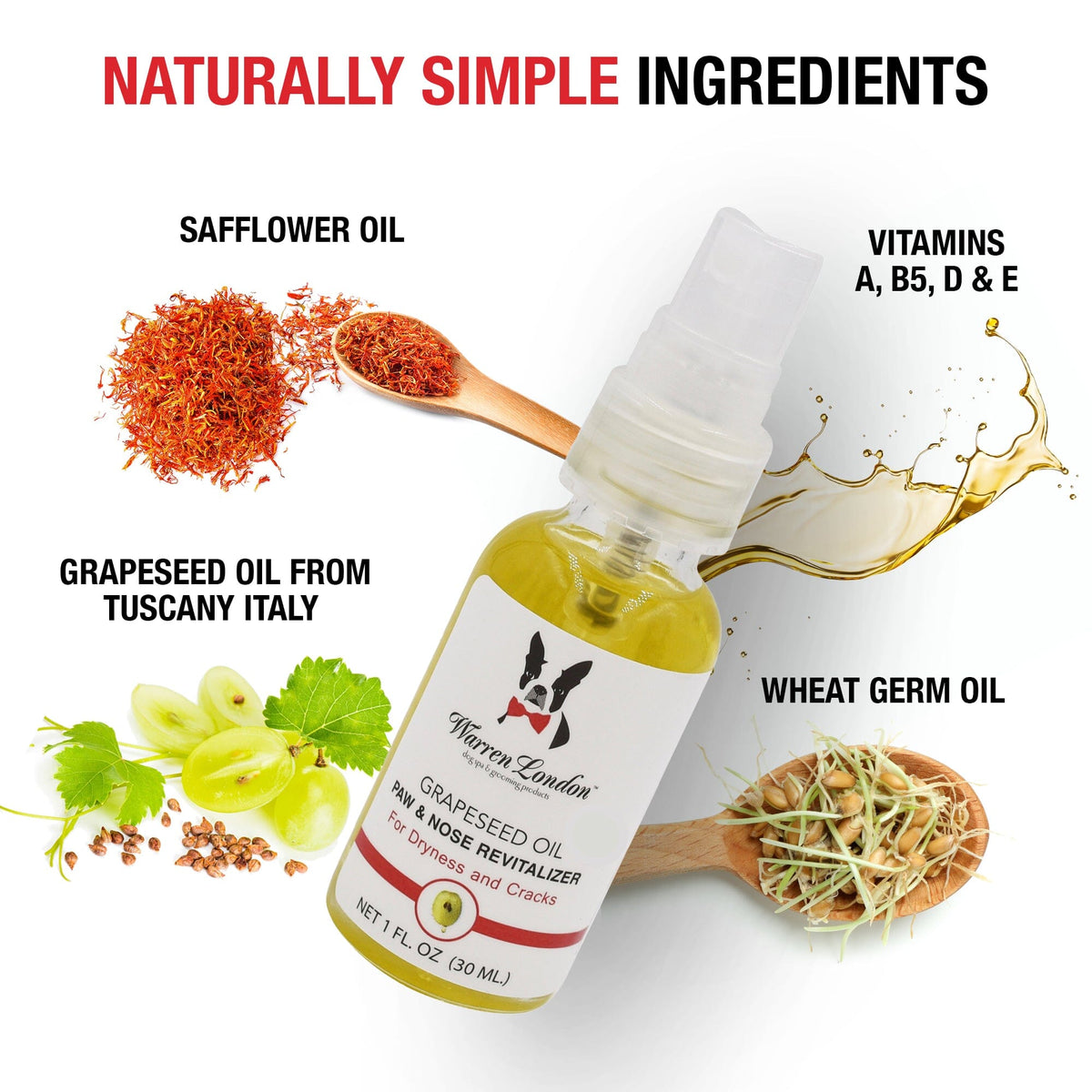 Southlake Paws Grapeseed Oil Paw and Nose Revitalizer in a spray bottle with natural ingredient highlights around it.