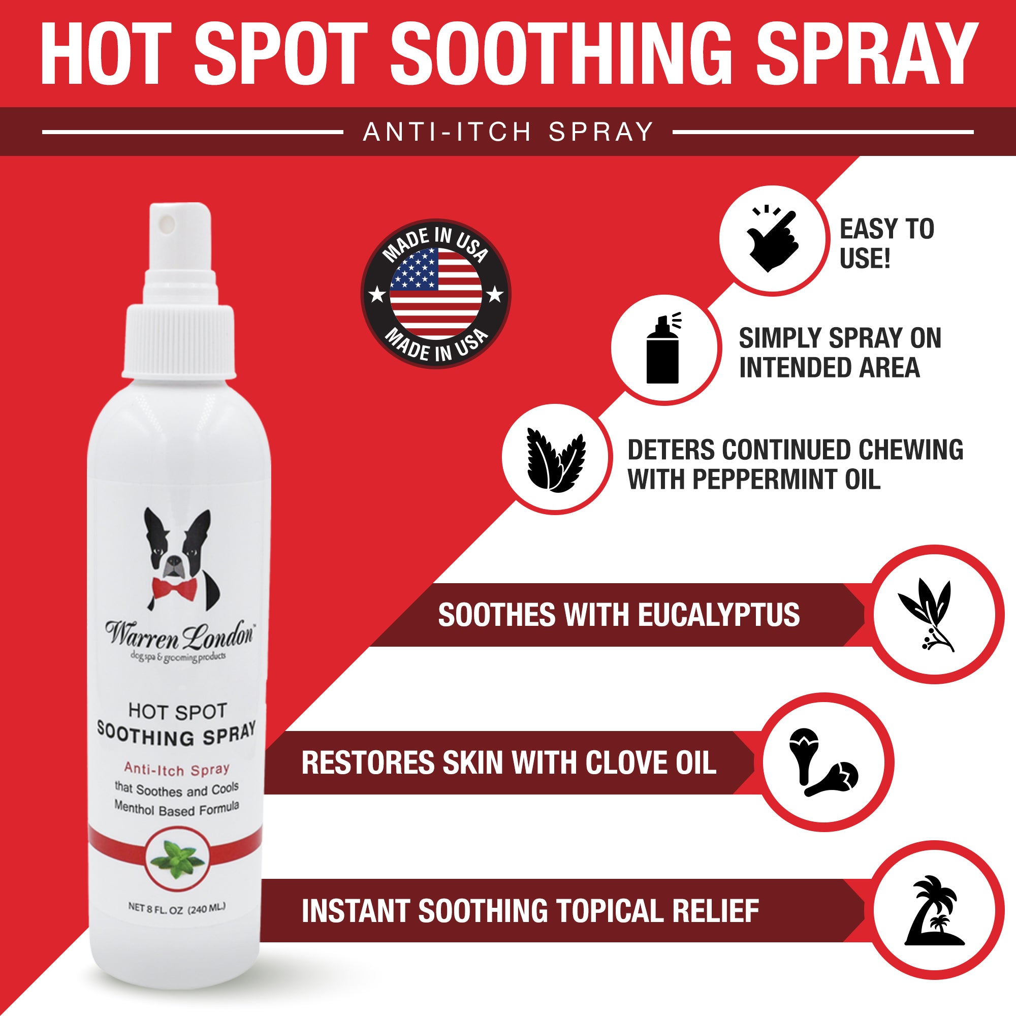 Southlake Paws Hot Spot Soothing Spray bottle with a white design, featuring eucalyptus and clove oil benefits, and usage ins