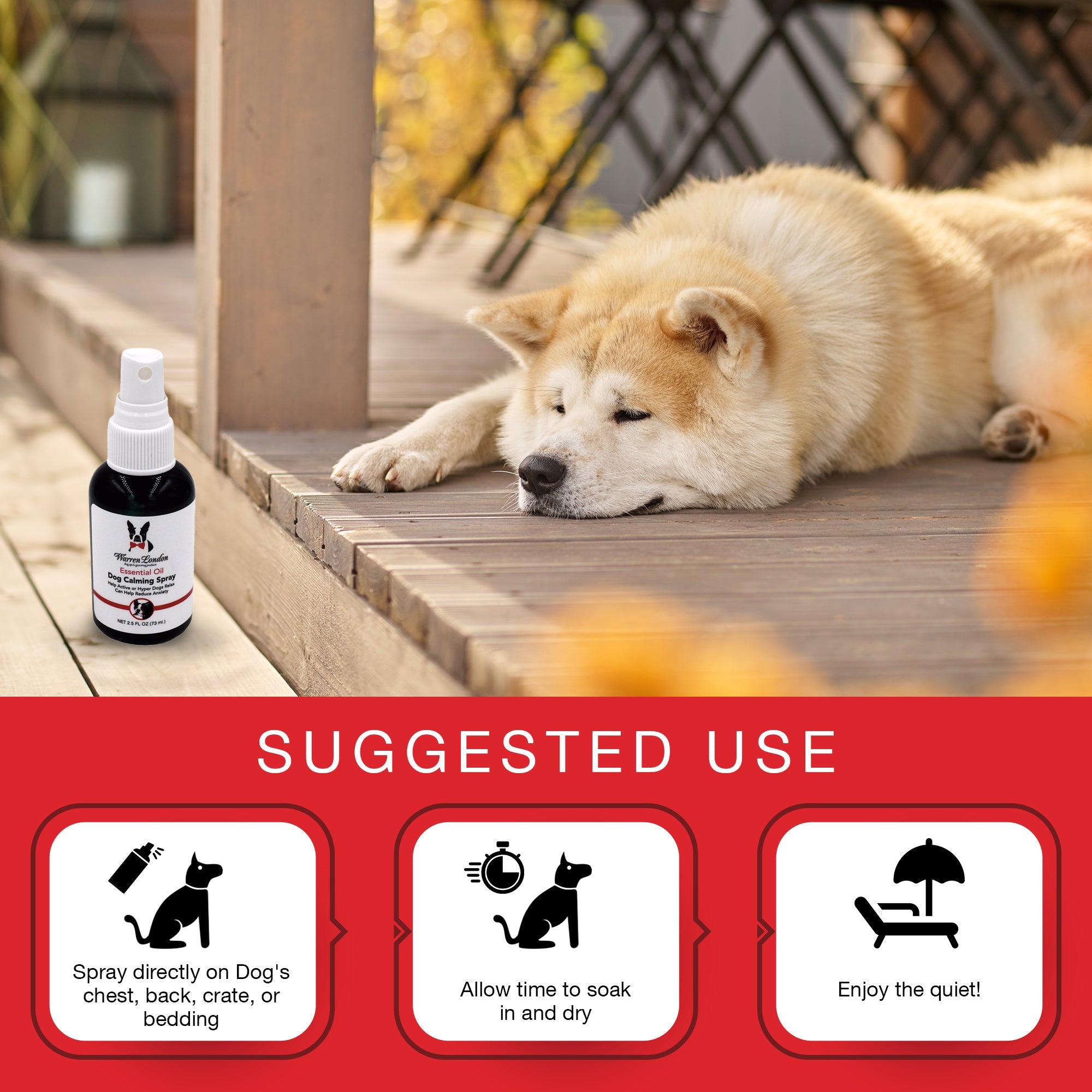 Southlake Paws Essential Oil Dog Calming Spray with a relaxing dog on a wooden deck, featuring suggested use icons below.