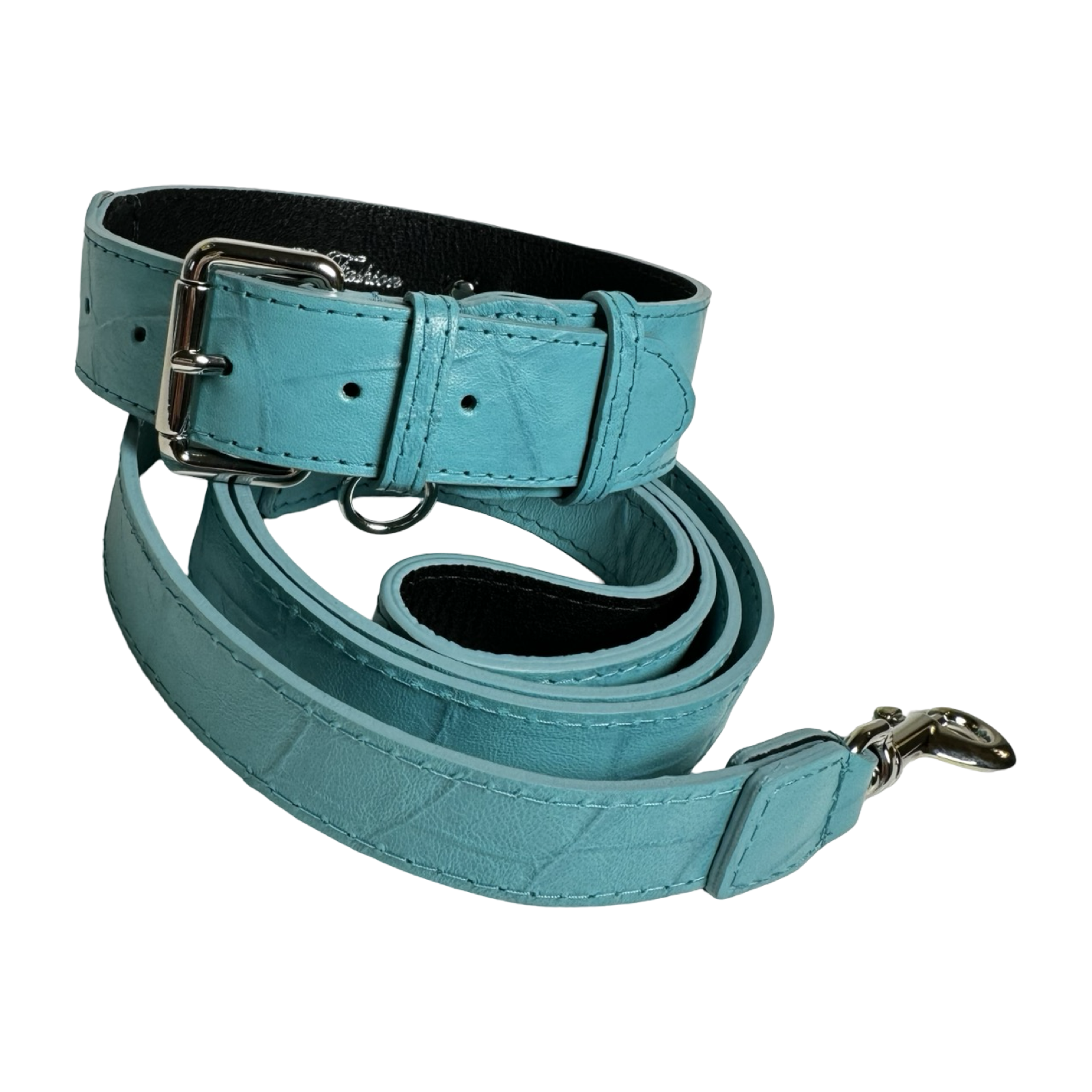 The Tiffany Collection. Gorgeous Turquoise Blue Embossed Croc Italian Leather Collar & Leash Set, With Our Classic Silver Hardware.