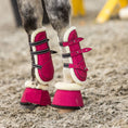 Load image into Gallery viewer, Southlake Paws Raspberry Fizz Open-front Boots in vibrant pink with black straps and fleece lining, designed for horse protec
