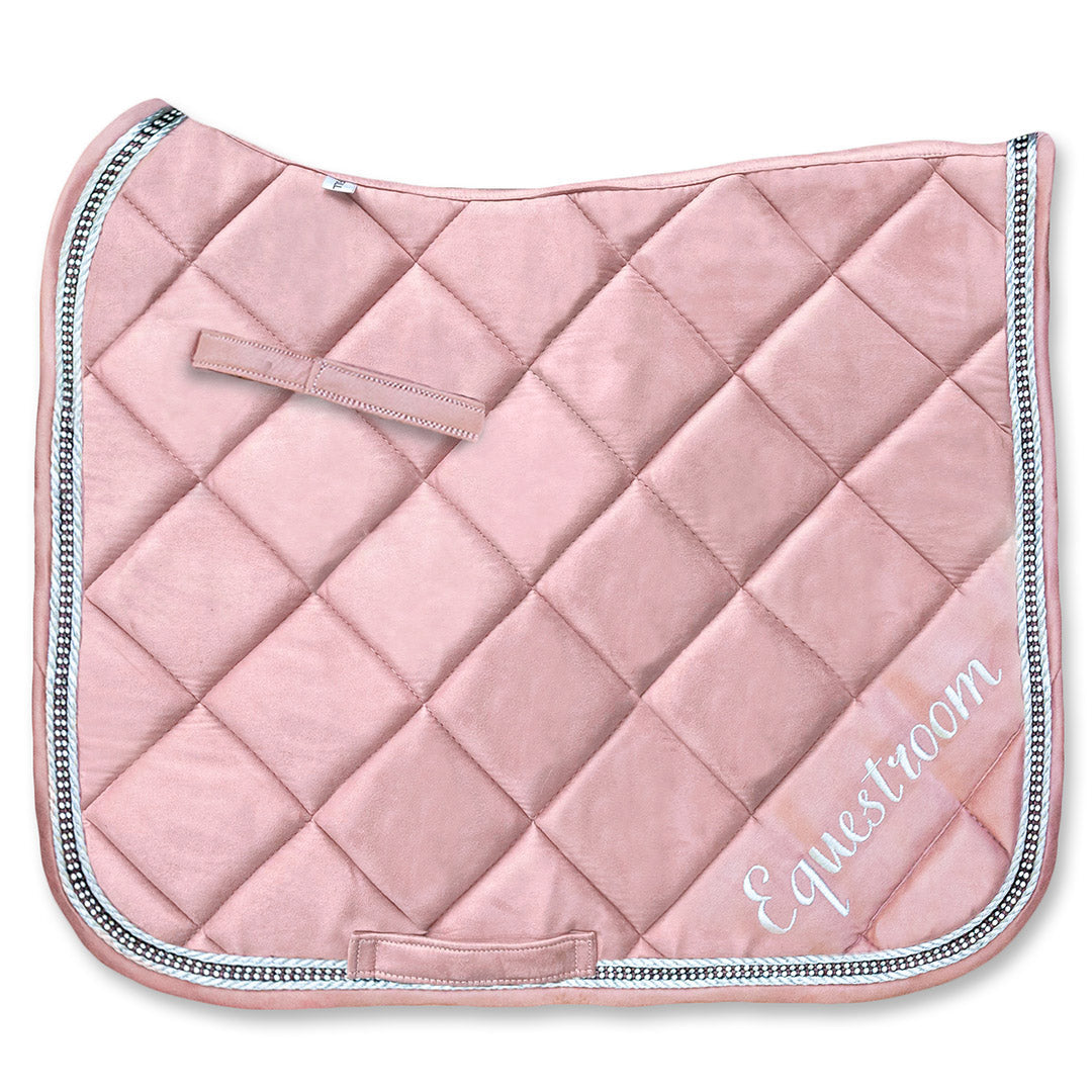 Powder Pink Suede Saddle Pad by Southlake Paws, featuring a quilted design and decorative trim.