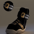 Load image into Gallery viewer, Black high-top sneaker with gold accents on a gray background

