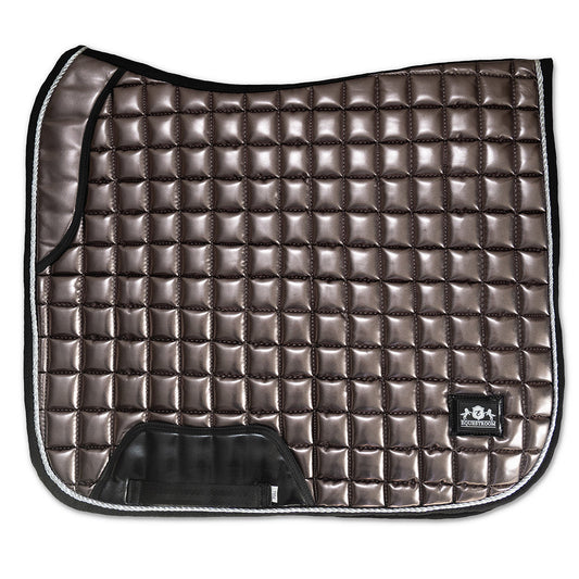 Southlake Paws Spaceship Grey Saddle Pad featuring a quilted design with a glossy finish and black trim.