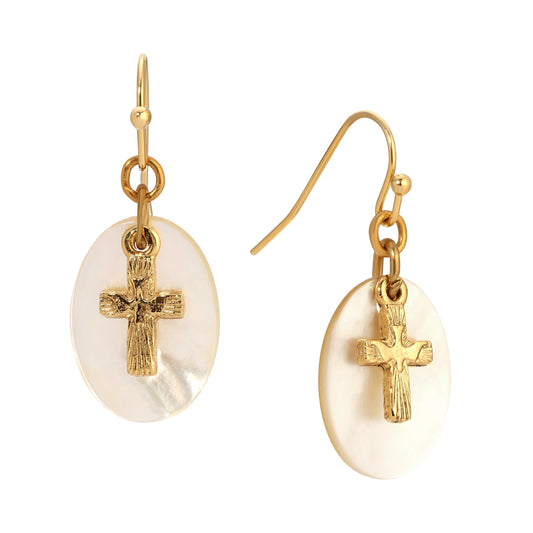 Mother Of Pearl Gold Dove Cross Drop Earrings