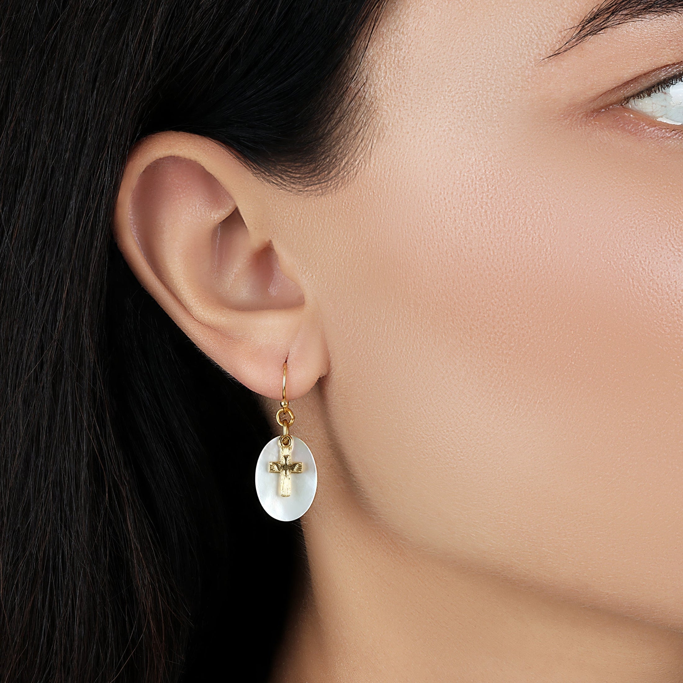 Mother Of Pearl Gold Dove Cross Drop Earrings