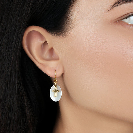 Mother Of Pearl Gold Dove Cross Drop Earrings