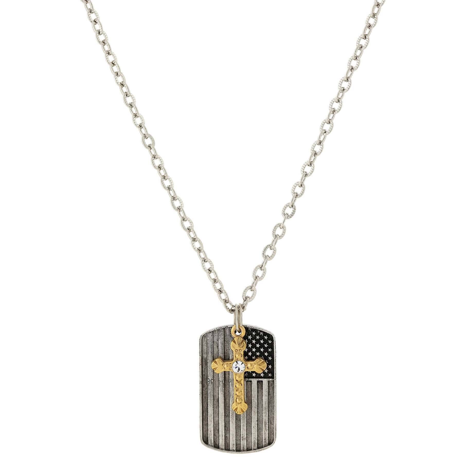 Cross Charm & American Flag Dog Tag Pendant Necklace 24"