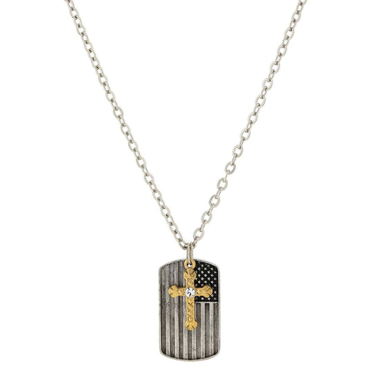 Cross Charm & American Flag Dog Tag Pendant Necklace 24"