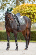 Load image into Gallery viewer, Jade Green Boots by Southlake Paws on a horse, featuring a saddle and matching ear bonnet in an outdoor setting.
