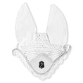 Load image into Gallery viewer, White fly hat with large ears and scalloped edges, featuring a black logo at the center. Ideal for horse protection.

