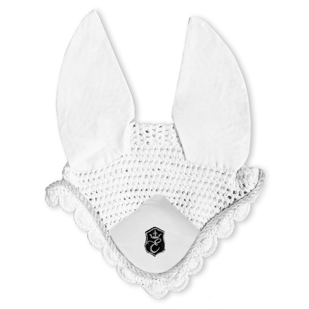 White fly hat with large ears and scalloped edges, featuring a black logo at the center. Ideal for horse protection.
