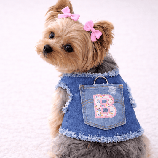 Denim Harness with Floral Initial