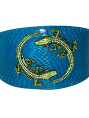 Dark Turquoise 3” Wide Style Snake Collar With Green Rhinestone Alligators