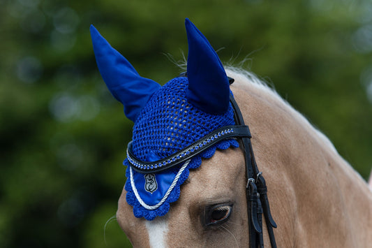 Majorelle Blue Fly Hat by Southlake Paws, featuring a vibrant blue design with ear covers and decorative trim for horses.