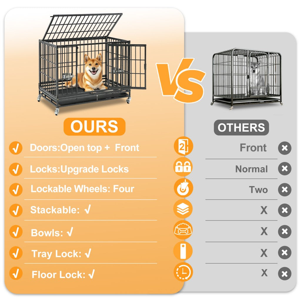 37" Stackable Heavy Duty Dog Crate by Southlake Paws, featuring a dog inside, open top, and comparison with other crates.
