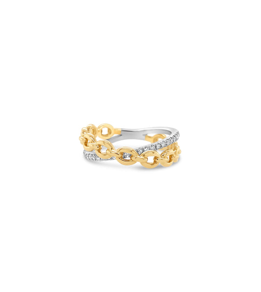 OLIVE & CHAIN Diamond Link X Ring - Two-Tone Gold, 5.0