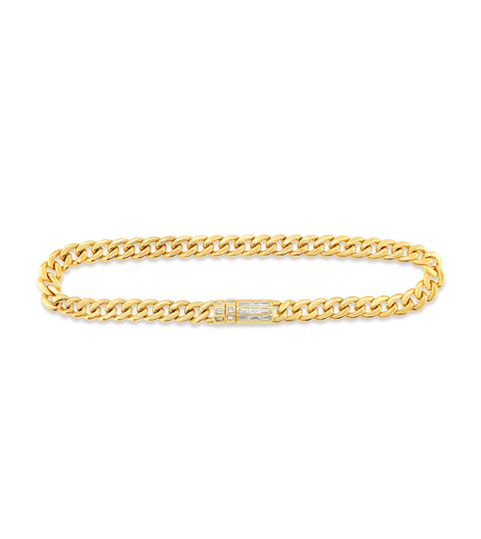OLIVE & CHAIN Diamond Baguette Lock Cuban Bracelet - Yellow Gold, 7 inch