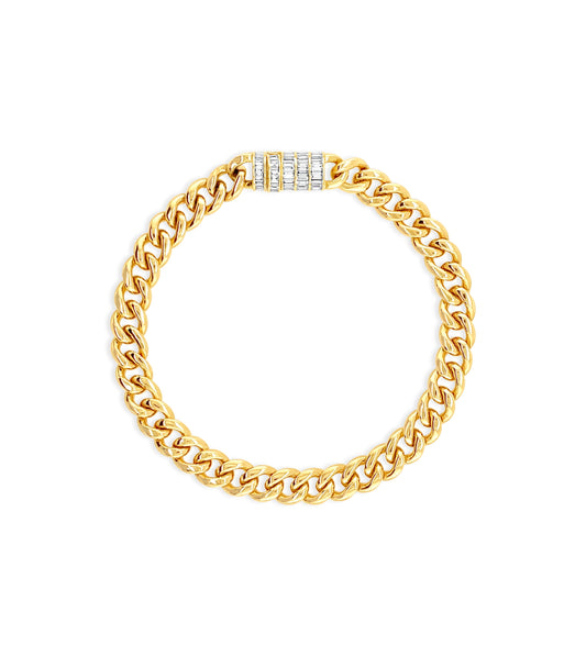 OLIVE & CHAIN Diamond Baguette Cuban Chain Bracelet - Yellow Gold, 6.5 inch