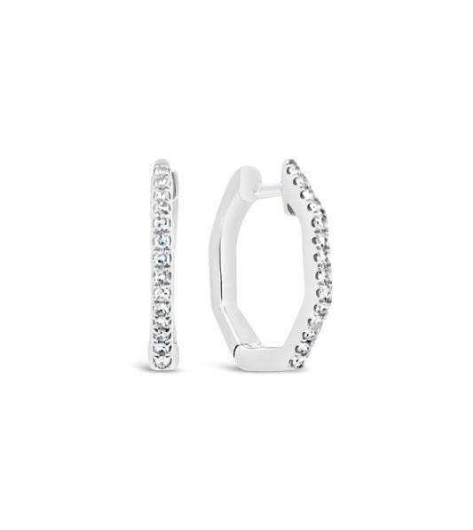 OLIVE & CHAIN Diamond Hexagon Huggie Earrings - White Gold