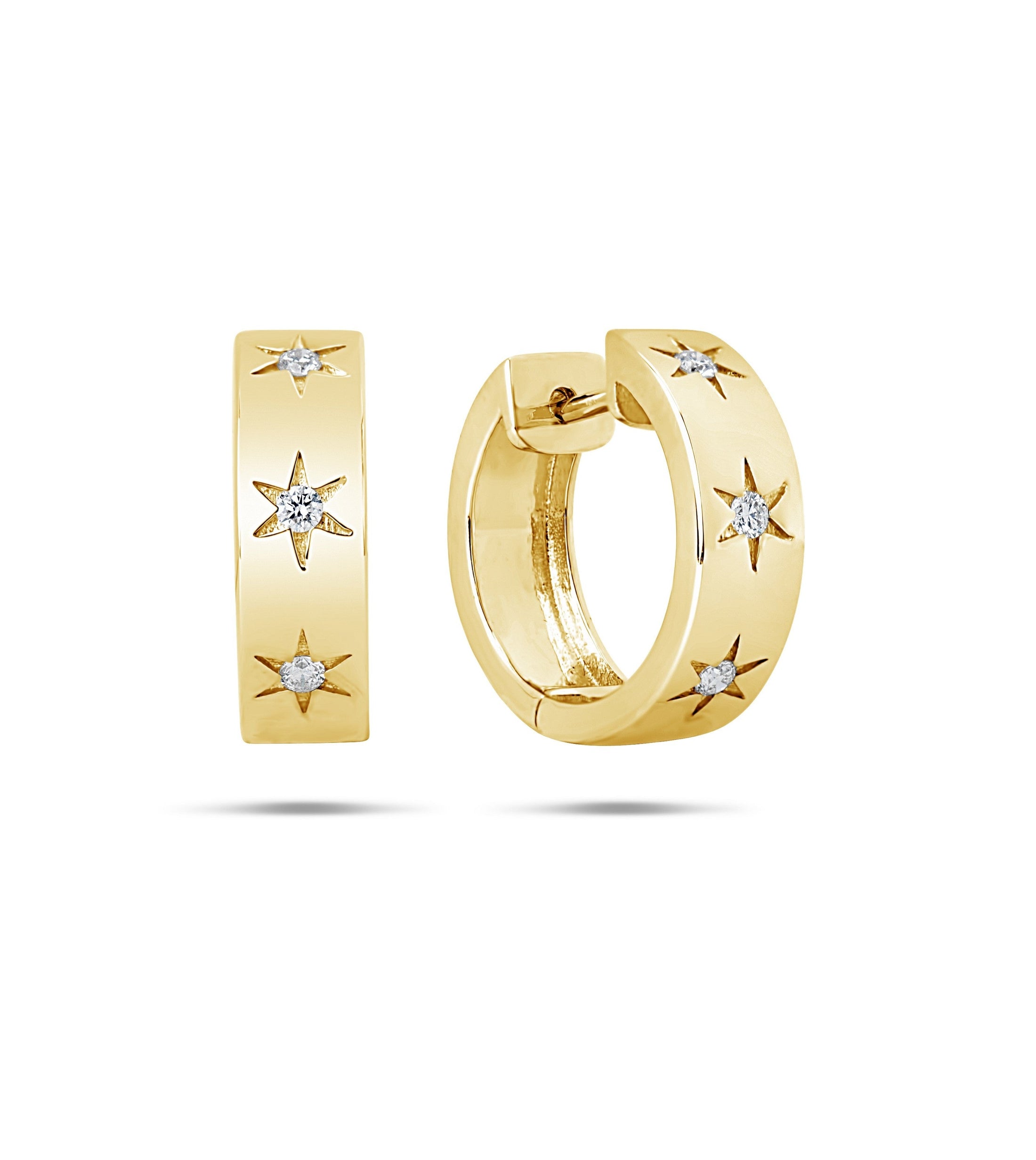 OLIVE & CHAIN Diamond Star Set Hoop Earring - Yellow Gold