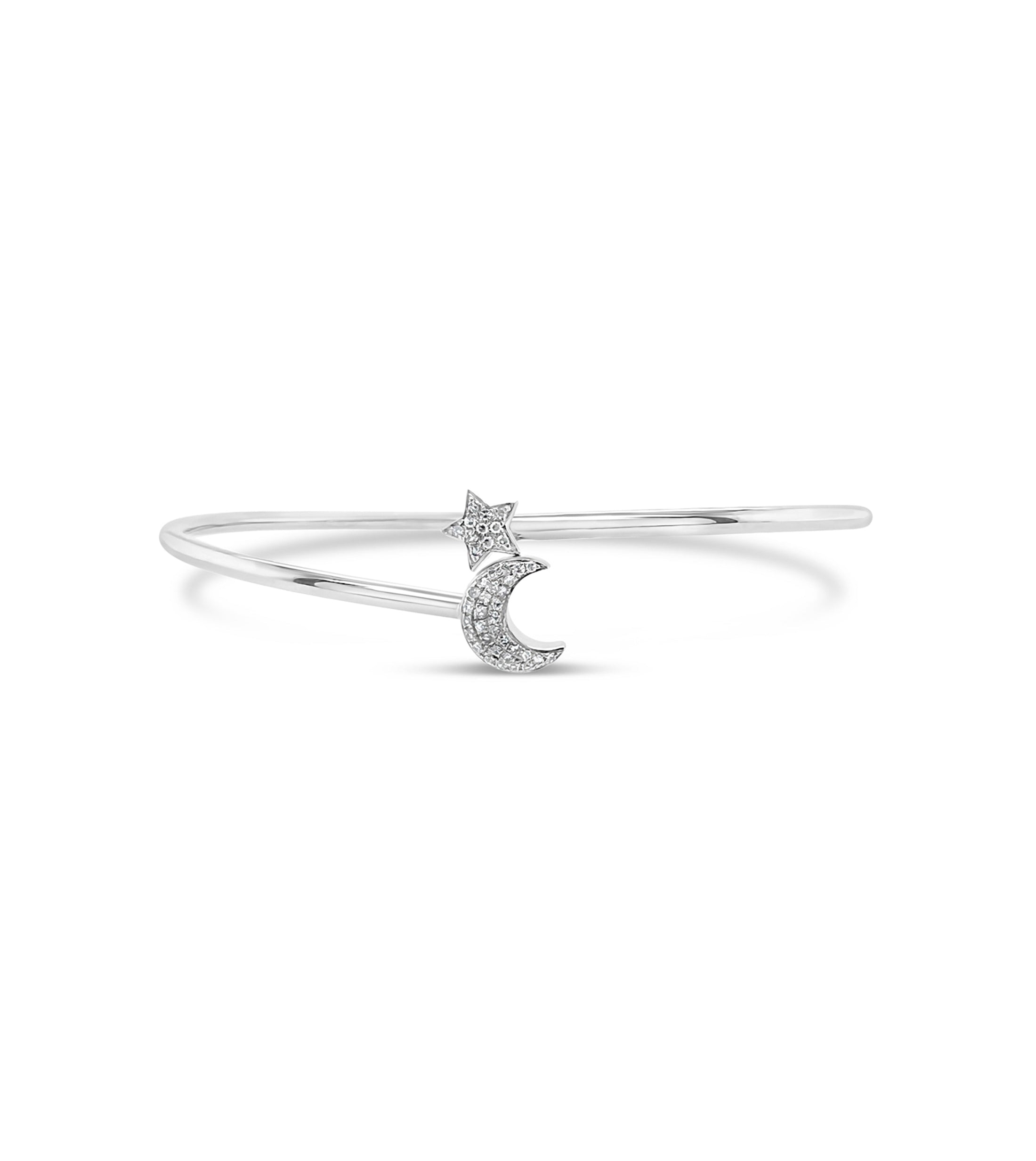 OLIVE & CHAIN Diamond Star & Moon Flexible Bangle - White Gold