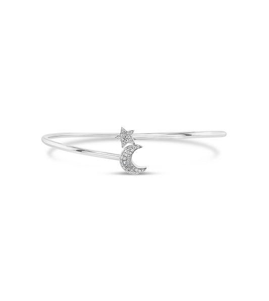 OLIVE & CHAIN Diamond Star & Moon Flexible Bangle - White Gold